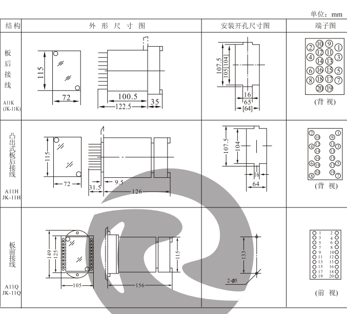 JZY-210中間繼電器外形及安裝開孔尺寸圖