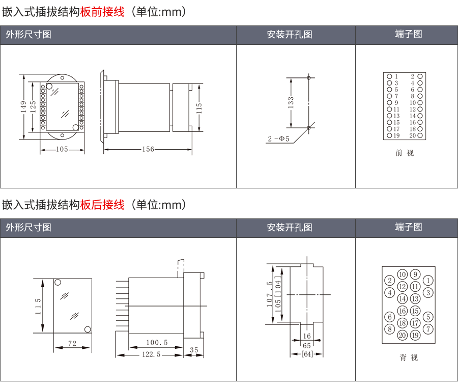 RCJ-2嵌入式插拔結構外形及接線方式圖