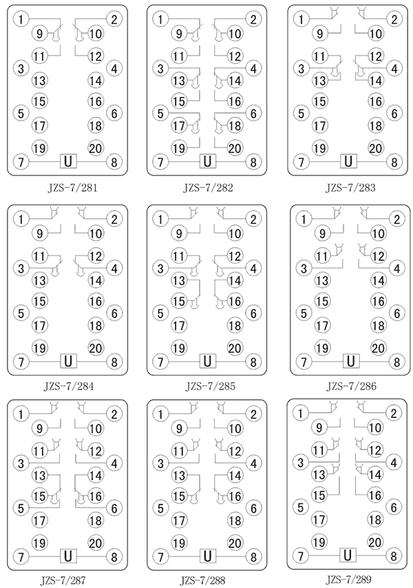 JZS-7/283斷電延時(shí)中間繼電器內(nèi)部接線圖