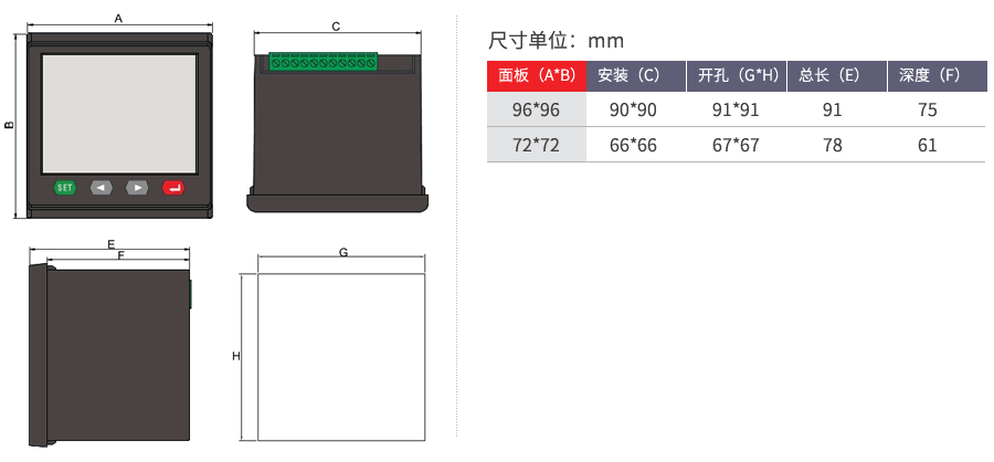 LED多功能電力儀表開(kāi)孔尺寸圖